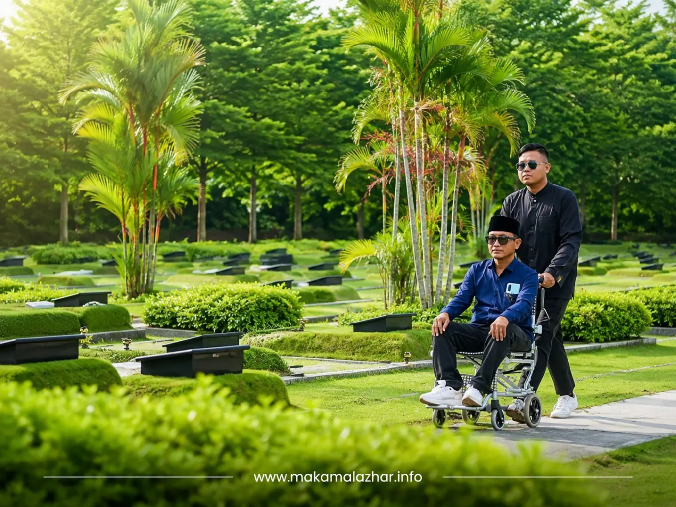 Pengunjung menggunakan kursi roda di walkway Al Azhar Memorial Garden
