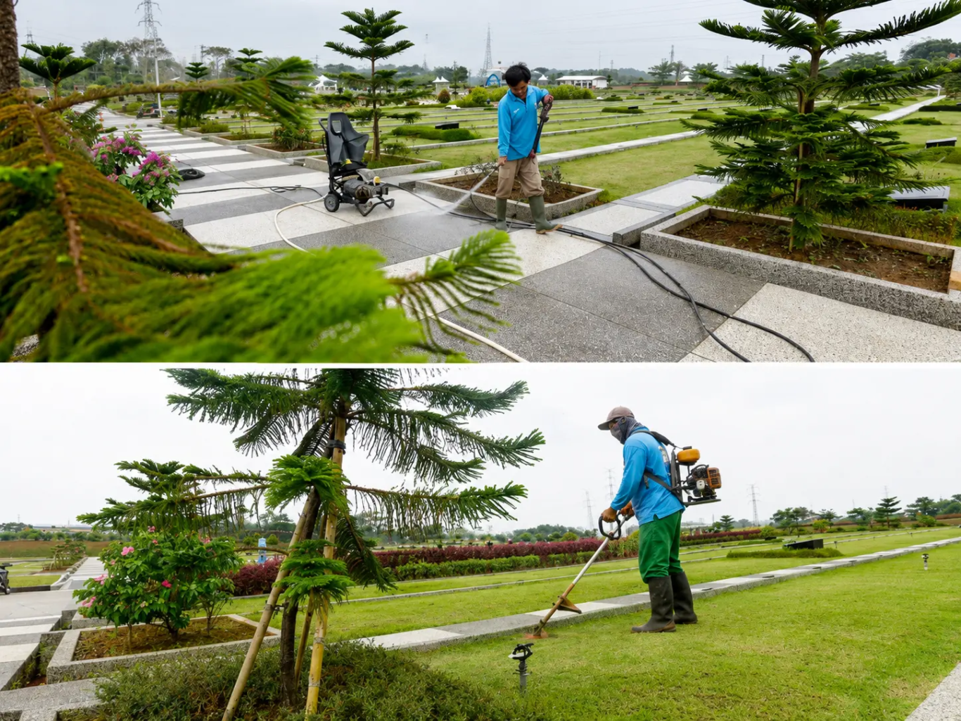 Perawatan area makam oleh petugas Al Azhar Memorial Garden