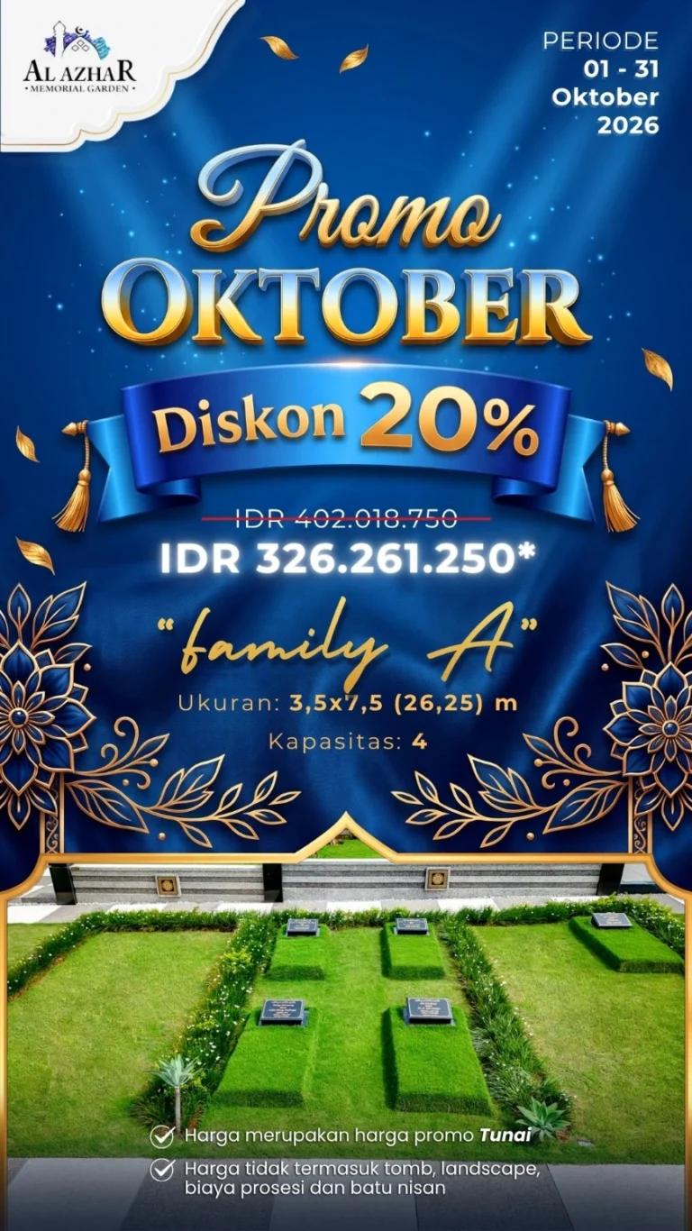 Poster promo resmi Family A Oktober 2026 Al Azhar Memorial Garden, harga tunai Rp326.261.250, kapasitas empat orang