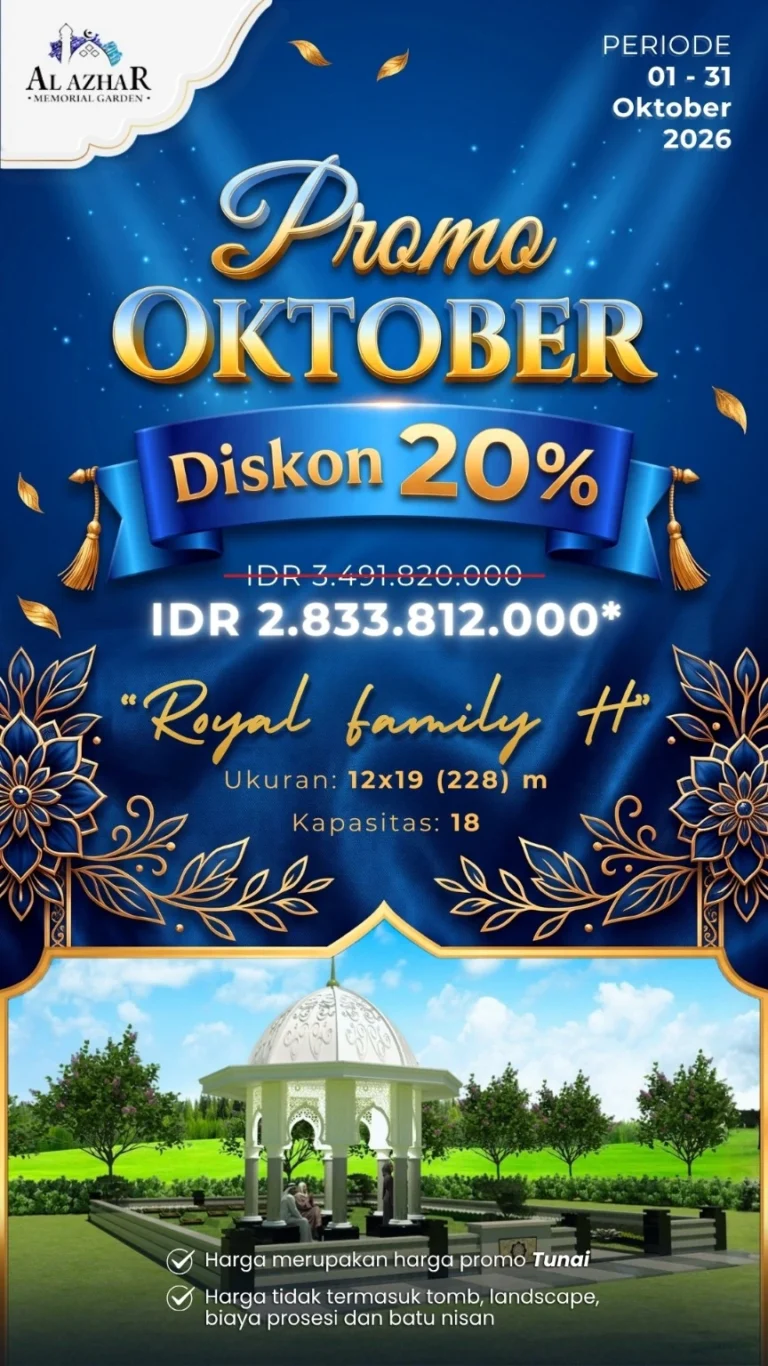 Brosur resmi promo Royal Family H Oktober 2026, luas 228 m², kapasitas 18 makam, diskon 20 persen, harga tunai Rp2.833.812.000