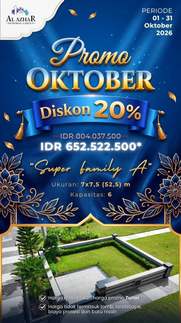 Poster resmi promo Super Family A Oktober 2026, harga tunai Rp652.522.500, ukuran 7 × 7,5 meter, kapasitas 6 makam